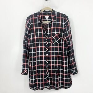 J‎ Jill Women Size Medium Shirt Black Red Checkered Plaid Button Down Tunic Top